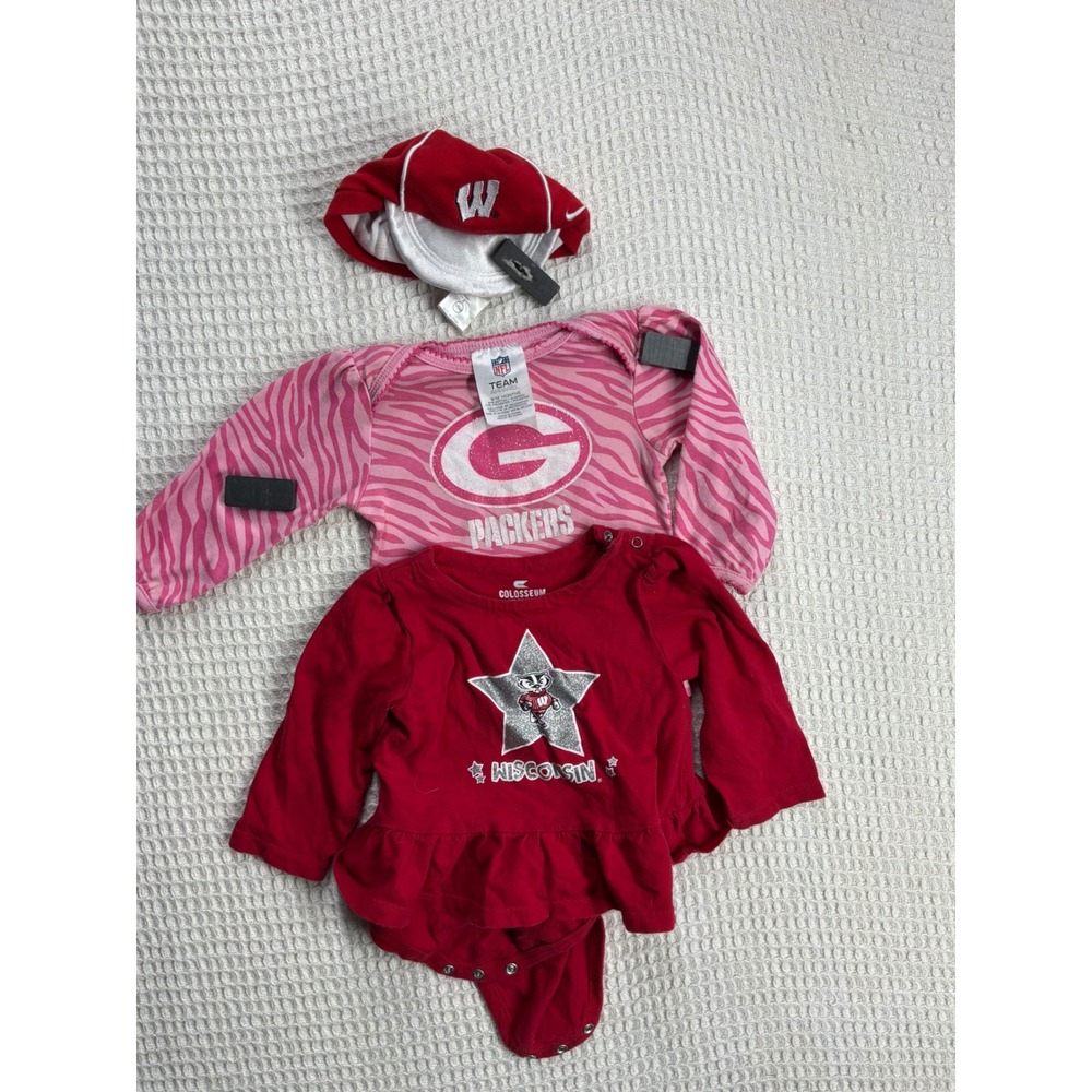 Gameday Infant Girls Packers & Badgers Bodysuit Hat Set 6-12M Red Pink